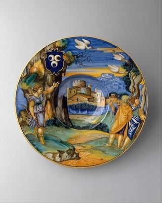 Maiolica tondino plate with painted narrative scene, full view